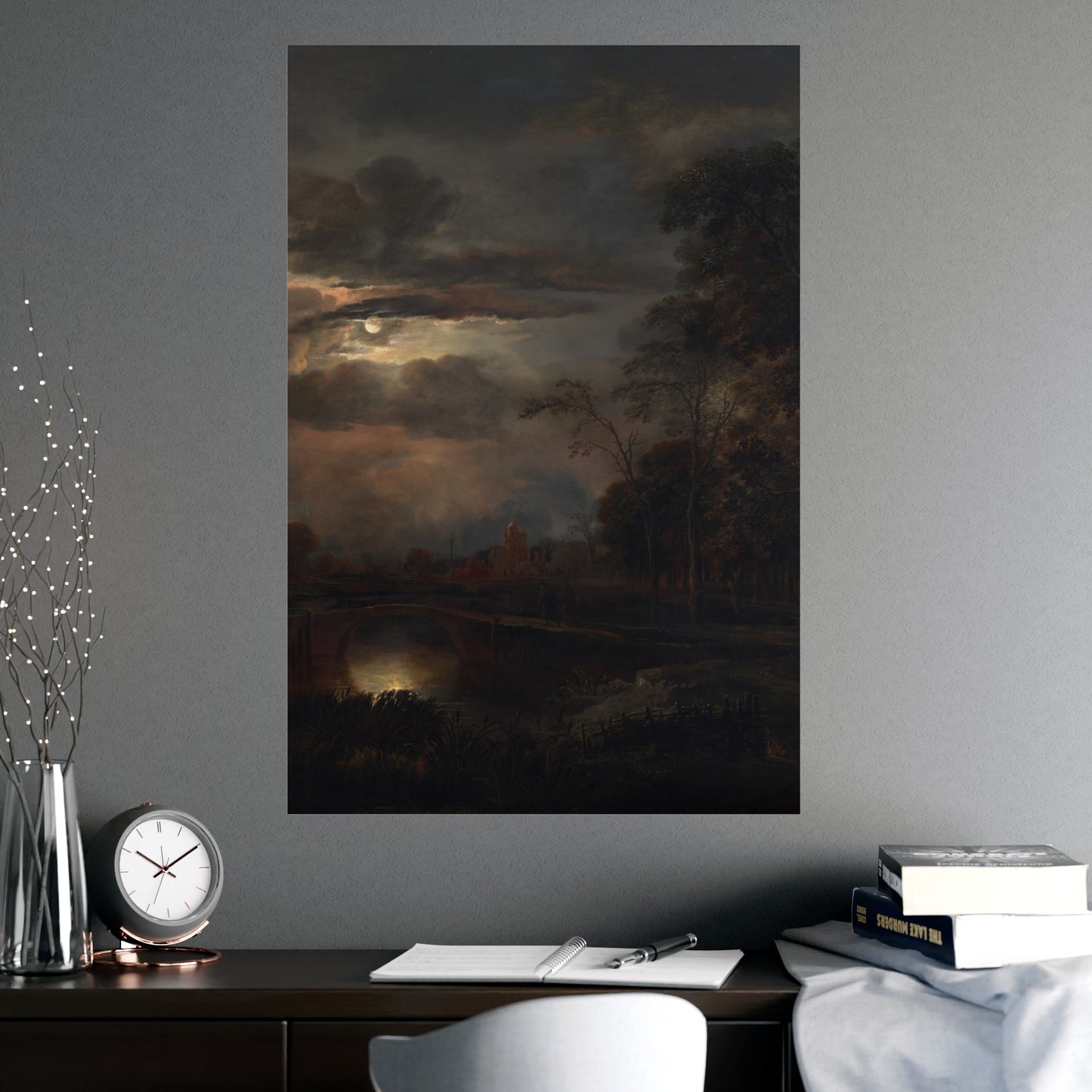 Moonlit Landscape with Bridge - Romantic Night Fine Art Poster