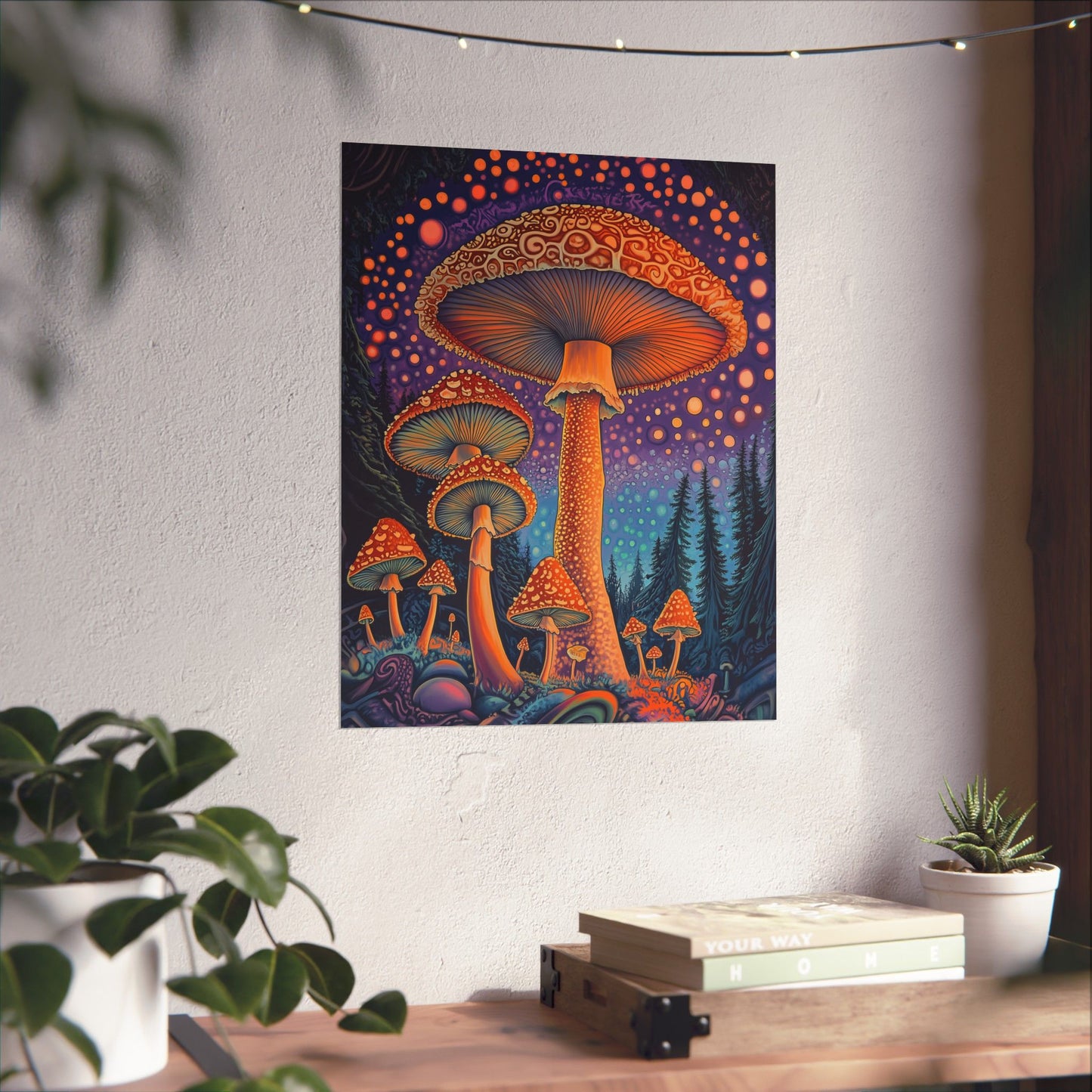 Psychedelic Night Mushroom Art Print - Vertical Poster - Vibrant Wall Art - Nature - Trippy - Bedroom Poster