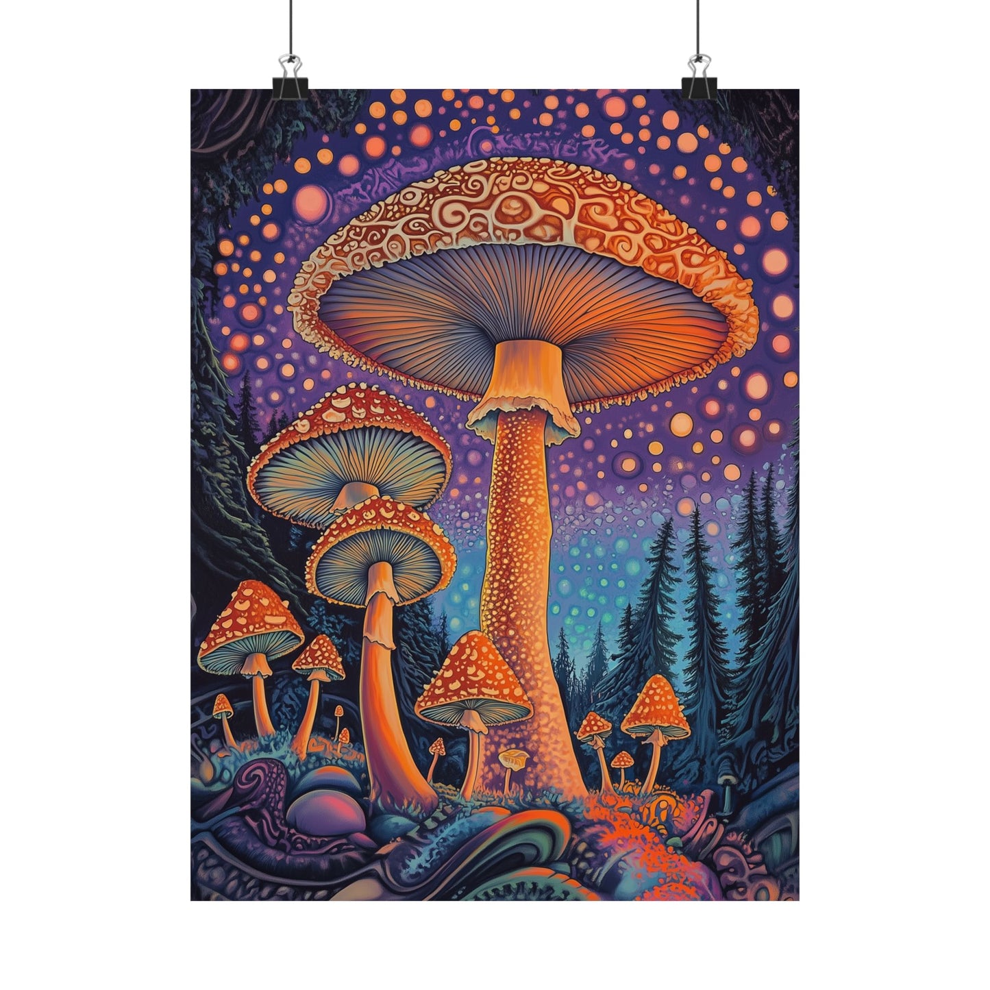 Psychedelic Night Mushroom Art Print - Vertical Poster - Vibrant Wall Art - Nature - Trippy - Bedroom Poster