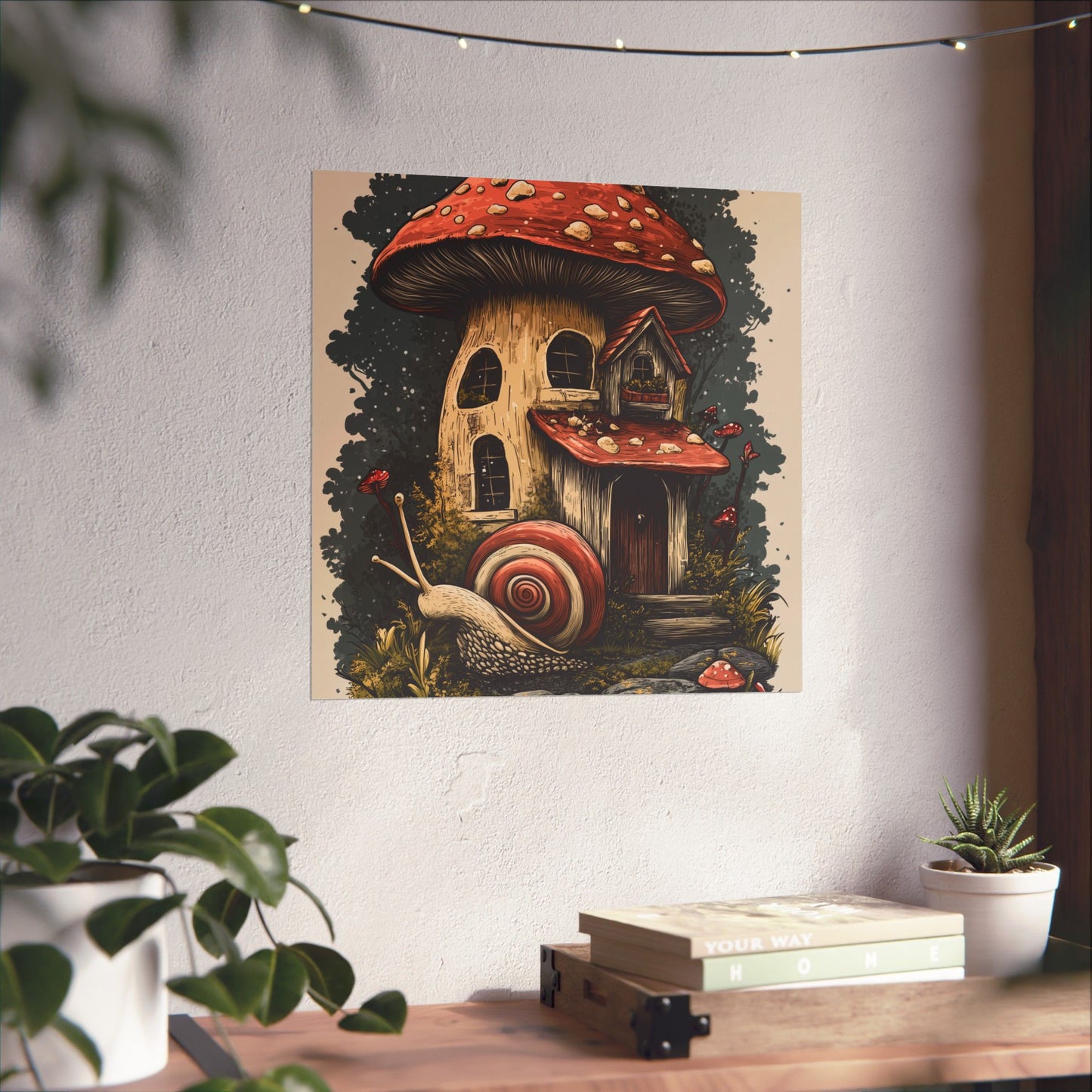 Whimsical Snail Mushroom House - Vertical Botanical Poster - Perfect for Dorm Room or Bedroom Wall Art