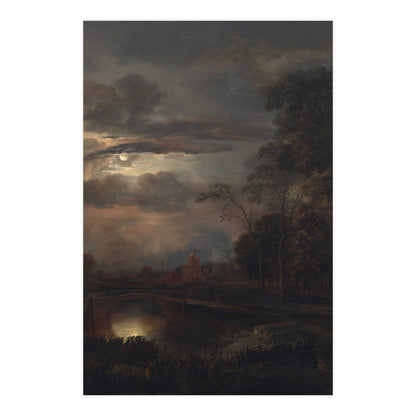 Moonlit Landscape with Bridge - Romantic Night Fine Art Poster