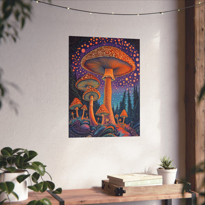Psychedelic Night Mushroom Art Print - Vertical Poster - Vibrant Wall Art - Nature - Trippy - Bedroom Poster