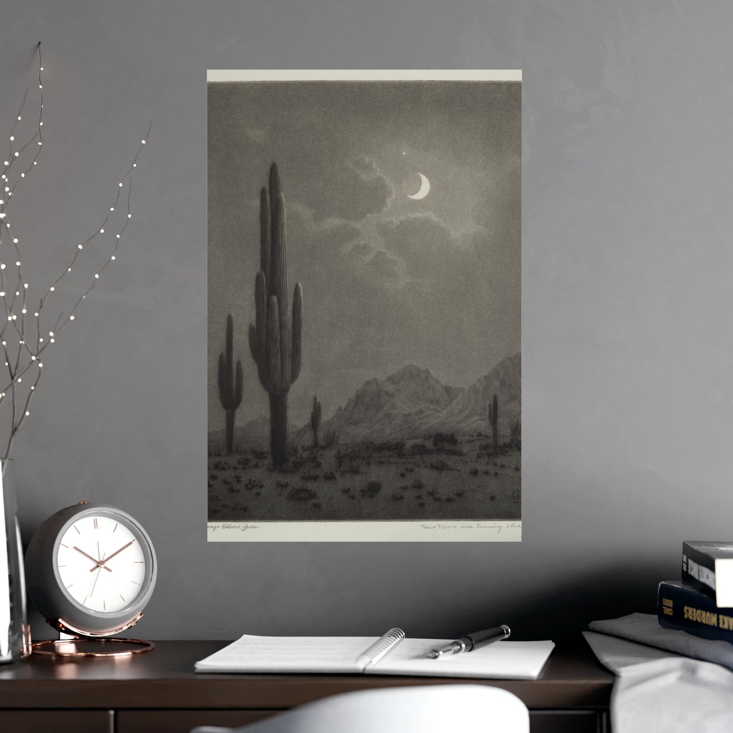 New Moon and Evening Star over Cactus- Celestial Fine Art Poster