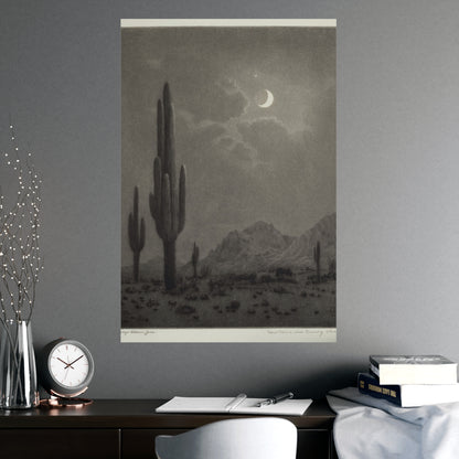 New Moon and Evening Star over Cactus- Celestial Fine Art Poster