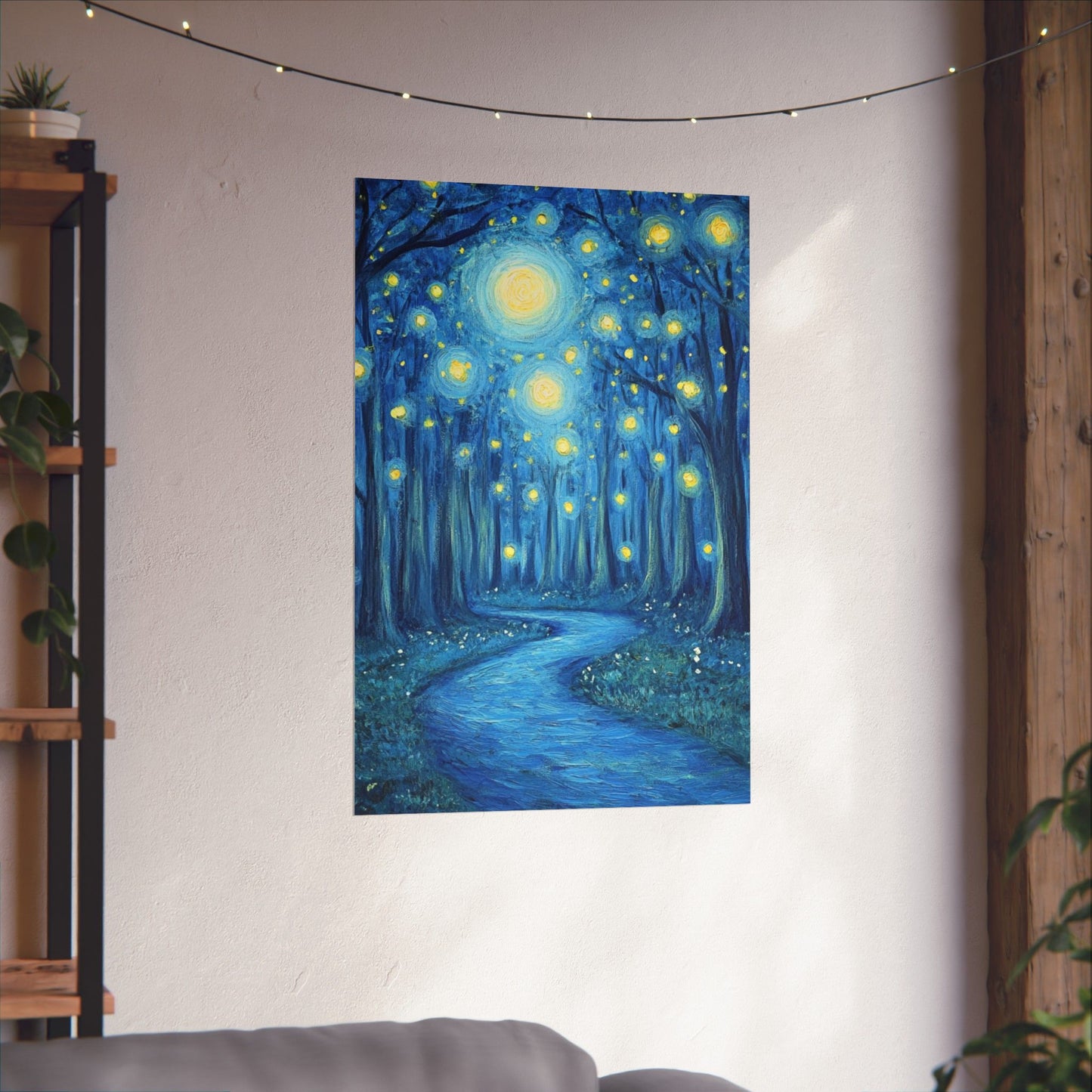 Dreamy Night - Fireflies in the Forest - Fine Art Painting - Print - Matte Vertical Poster - Magical Blue Aesthetic Wall Art