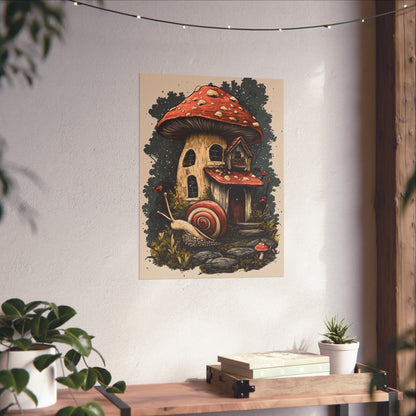 Whimsical Snail Mushroom House - Vertical Botanical Poster - Perfect for Dorm Room or Bedroom Wall Art