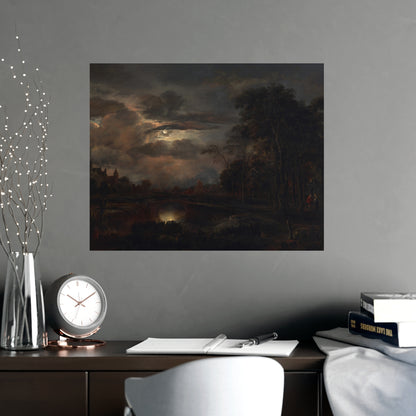 Moonlit Landscape with Bridge - Romantic Night Fine Art Poster