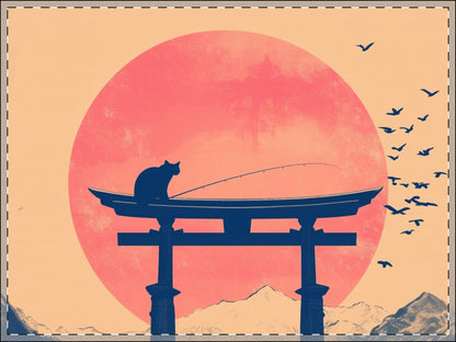 Cat on Torii Gate Zen Japanese Framed Wall Art