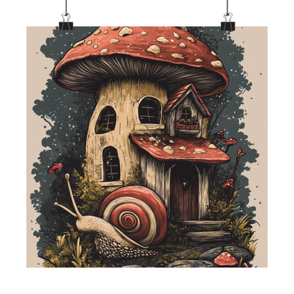 Whimsical Snail Mushroom House - Vertical Botanical Poster - Perfect for Dorm Room or Bedroom Wall Art