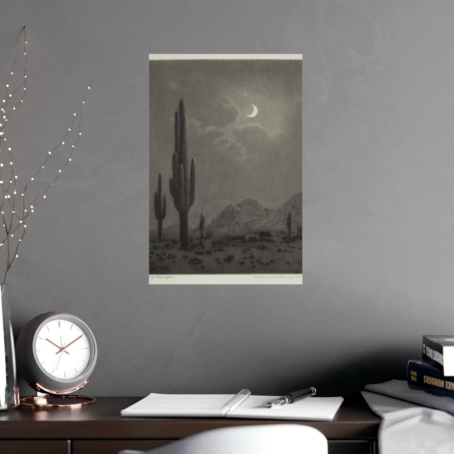 New Moon and Evening Star over Cactus- Celestial Fine Art Poster