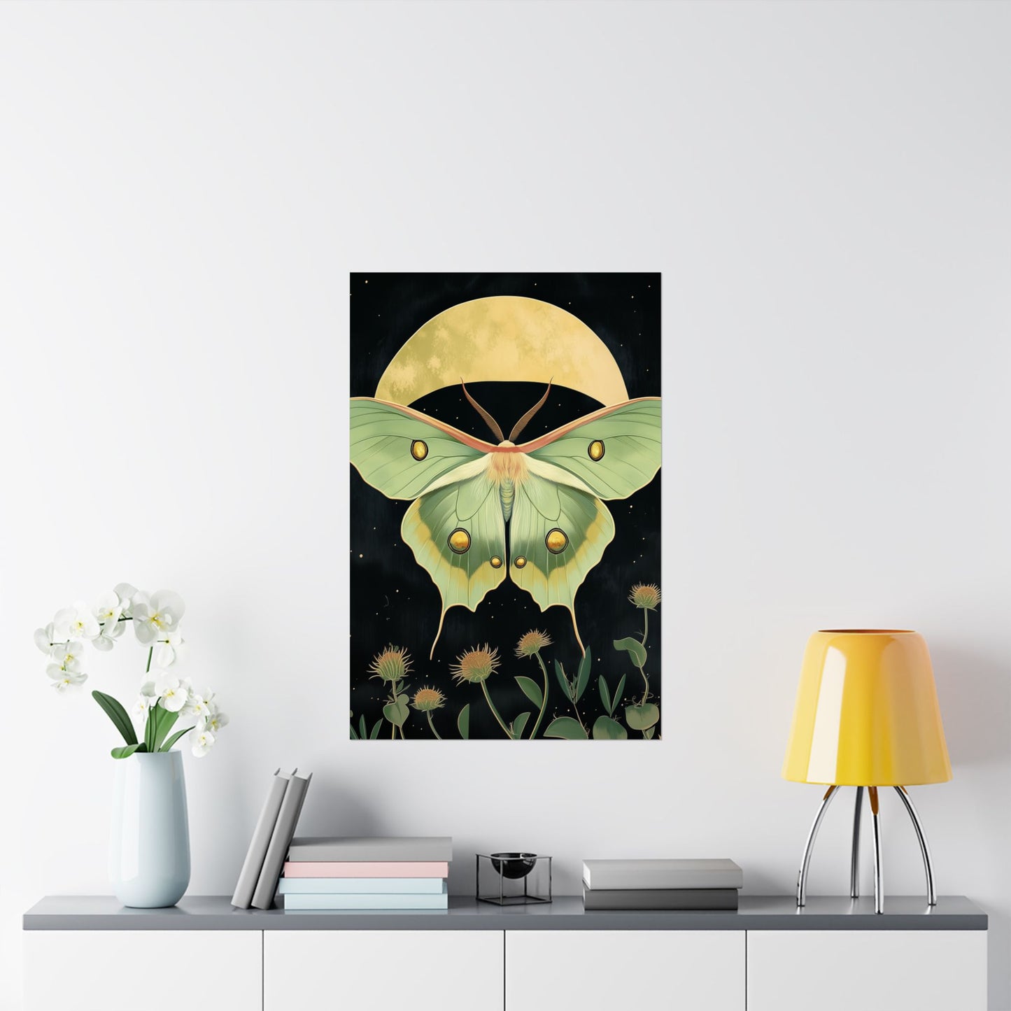 Dreamy Luna Moth Under the Moon Poster- Matte Vertical Art Print - Boho Wall Art - Bohemian - Art Noveau - Art Deco