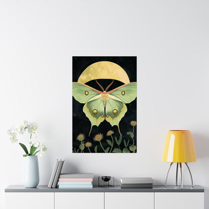 Dreamy Luna Moth Under the Moon Poster- Matte Vertical Art Print - Boho Wall Art - Bohemian - Art Noveau - Art Deco