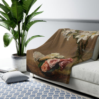 Henri Fantin-Latour : Roses and Lilies (1888) - Giclee Fine Art Print - Museum Collection Fine Art Throw Blanket