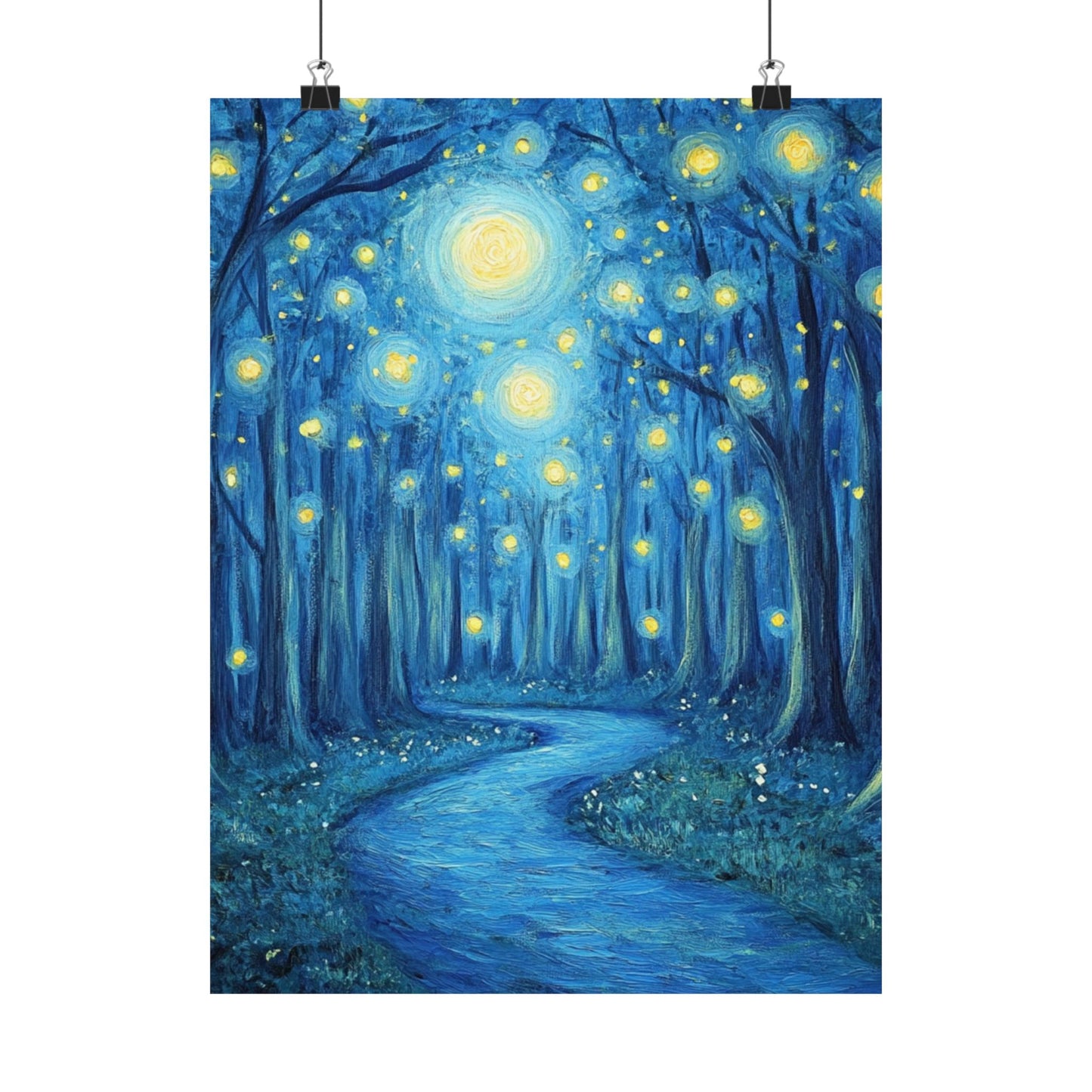 Dreamy Night - Fireflies in the Forest - Fine Art Painting - Print - Matte Vertical Poster - Magical Blue Aesthetic Wall Art