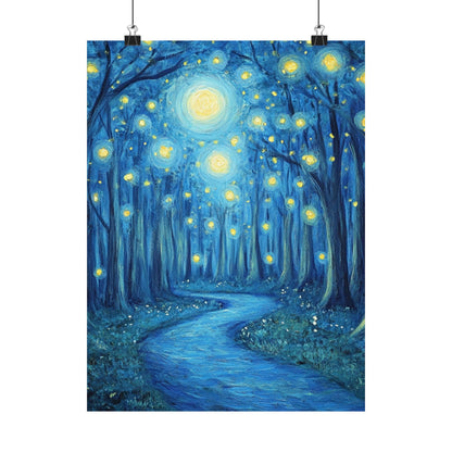Dreamy Night - Fireflies in the Forest - Fine Art Painting - Print - Matte Vertical Poster - Magical Blue Aesthetic Wall Art