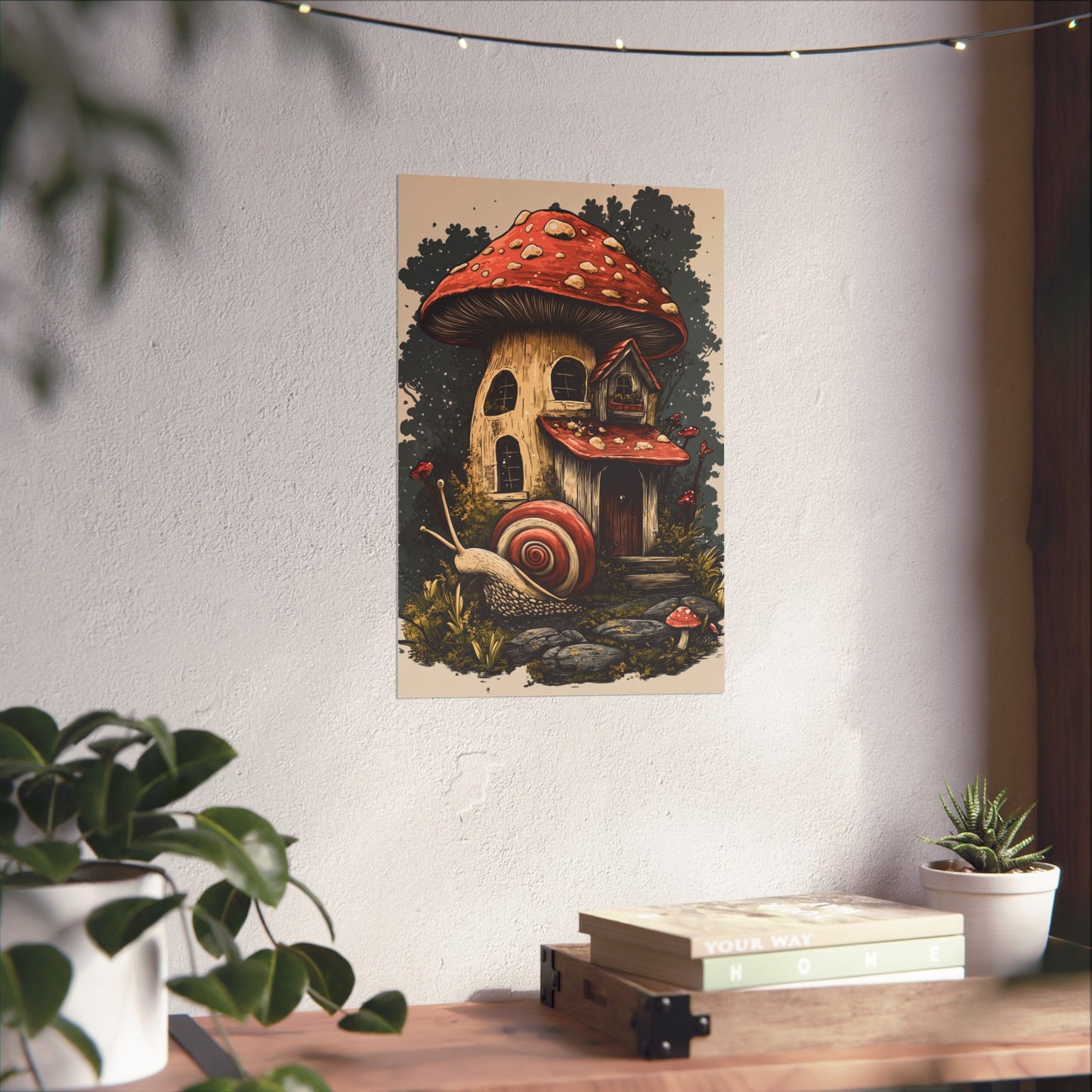 Whimsical Snail Mushroom House - Vertical Botanical Poster - Perfect for Dorm Room or Bedroom Wall Art