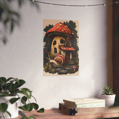 Whimsical Snail Mushroom House - Vertical Botanical Poster - Perfect for Dorm Room or Bedroom Wall Art