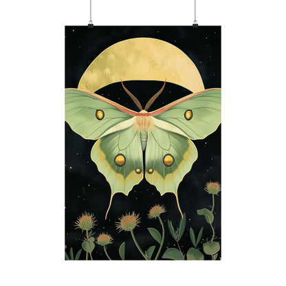 Dreamy Luna Moth Under the Moon Poster- Matte Vertical Art Print - Boho Wall Art - Bohemian - Art Noveau - Art Deco