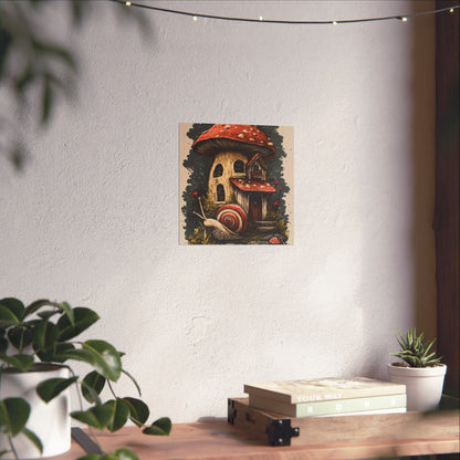 Whimsical Snail Mushroom House - Vertical Botanical Poster - Perfect for Dorm Room or Bedroom Wall Art