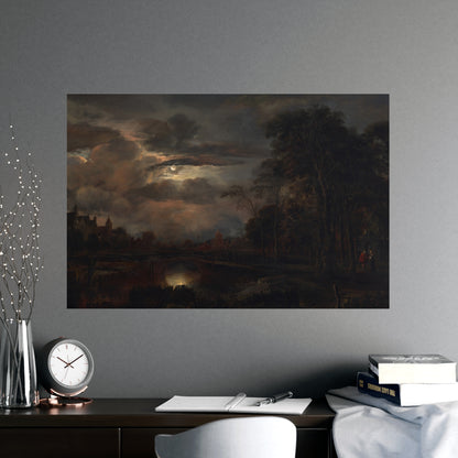 Moonlit Landscape with Bridge - Romantic Night Fine Art Poster