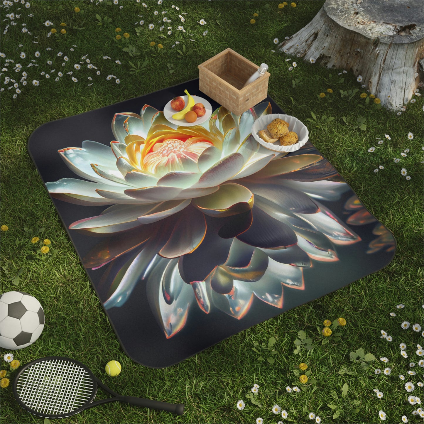 Lovely Lotus Flower Picnic Blanket - Meditation/Yoga Mat - Water-Resistant Oxford Cloth Underneath - Zen Home & Office Collection