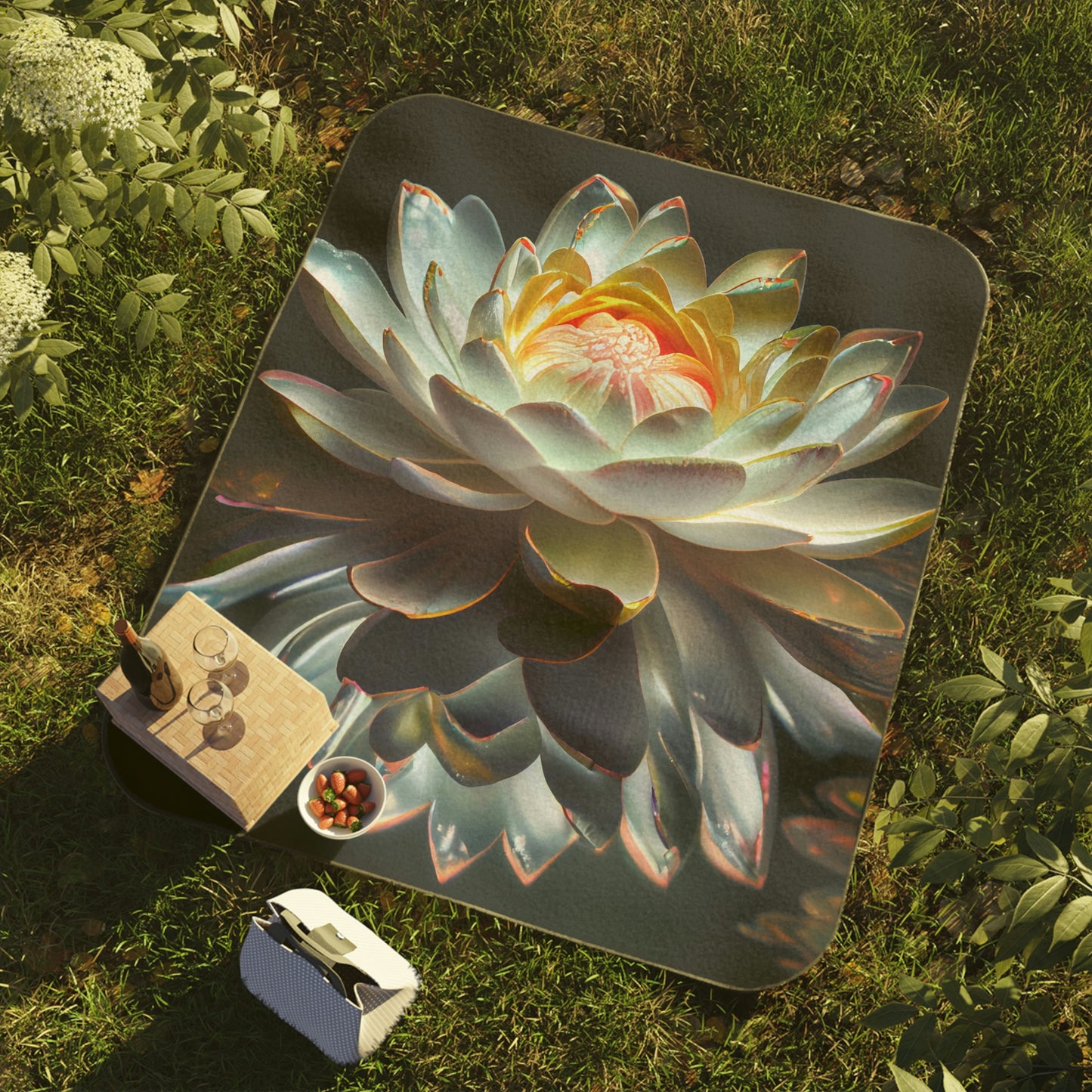 Lovely Lotus Flower Picnic Blanket - Meditation/Yoga Mat - Water-Resistant Oxford Cloth Underneath - Zen Home & Office Collection